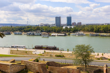 Belgrade, Serbia - September 14, 2023: Serbian capital panorama with Sava river with boats, city skyline in summerのeditorial素材