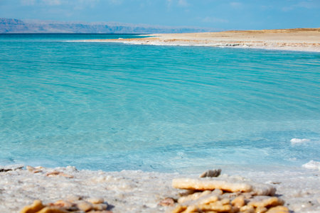 Jordan, Dead Sea coastline, salt crystals, high angle viewの写真素材