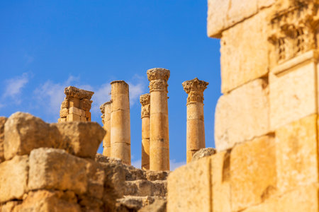 Close-up view of the Temple of Zeus in the ancient Roman settlement of Gerasa in Jerash, Jordan