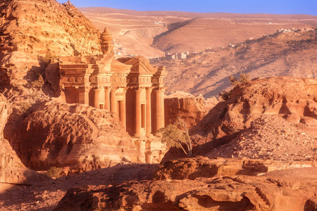 Ad Deir Monastery in the ancient city of Petra, Jordan sunset panoramic view, UNESCO World Heritage...