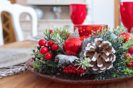 Christmas Table Setting. Holiday Decorations. Decor for New Year Celebrationの写真素材