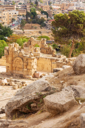 Jerash, Jordan - November 7, 2022: Gerasa, ancient roman columns and ruins high angle viewのeditorial素材