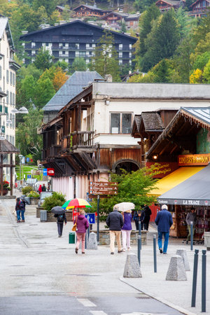 Chamonix Mont-Blanc, France - October 4, 2019: Street view in the center of famous ski resort in French Alpsのeditorial素材