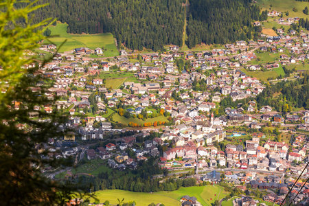 Ortisei, Italy summer town aerial view of St Ulrich mountain village from Mont Seuc mount in Dolomites, South Tyrol, Italyの写真素材