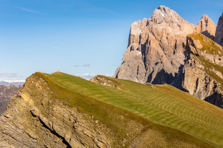 Italy, Seceda close-up autumn mountain view, foot of Odle group, Val Gardena near town of Ortiseiの写真素材