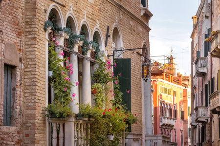 Venice, Italy historical center street view with traditional housesの写真素材