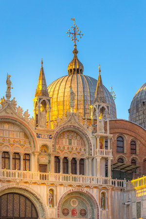 Venice, Italy St Mark Basilica or San Marco close-up details of ornate facadeの写真素材