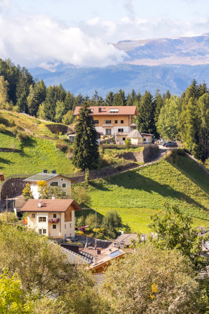Dolomites, Italy. Aerial panoramic view of St. Magdalena or Santa Maddalena village in summerの写真素材