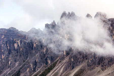 Italian Dolomite Alps, Dolomites mountains in Italy, high peaks panorama in autumnの写真素材