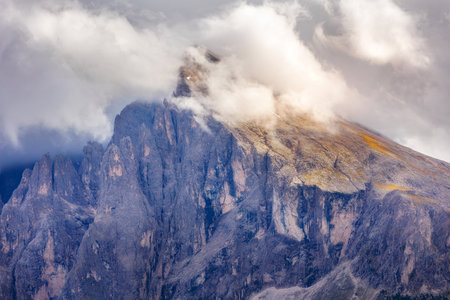 Sunset view of Sasso Piatto mount from Alpe di Siusi in Dolomites Italian Alps, Langkofel Group, Italyの写真素材