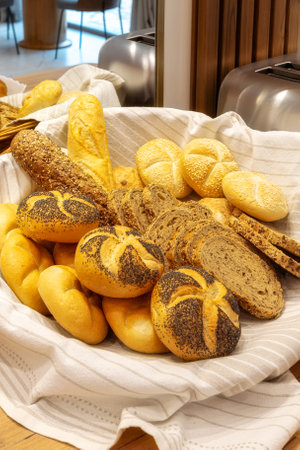 Assorted bread in wicker basket, baguettes and buns on a counter, hotel breakfast concept