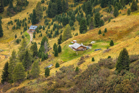 Autumn landscape view from Sella Pass, Italian Alps, Dolomites, Trentino, Italyの写真素材