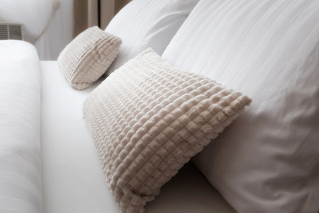 Comfortable soft white and gray pillows on the bed, guest accommodation readyの写真素材