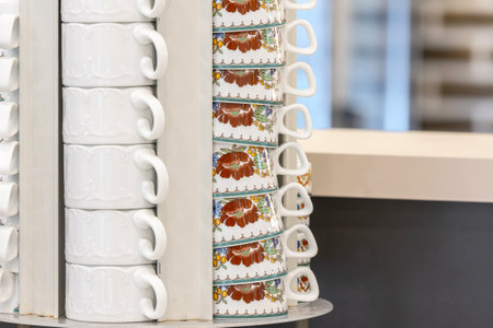 White coffee cups vertical holder close-up, hotel breakfast conceptの写真素材