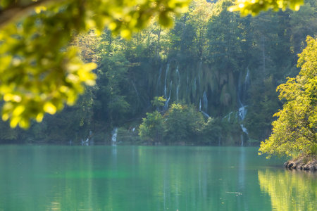 Waterfalls and lake in Plitvice National Park, Croatiaの写真素材