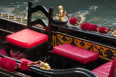 Venice, Italy Gondola interior with red seats, close-upの写真素材