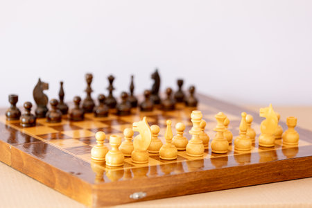 Wooden chess pieces on the chessboard. Intellectual game. White figures focus