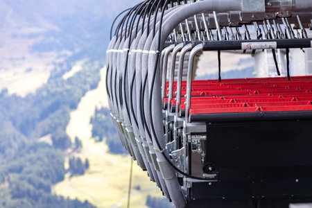 chair lift, many cabins waiting for the season at the station, Dolomites Alpe di Siusi, Italy in summerの写真素材