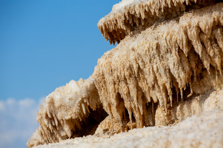Natural salt stalactites crystals at the Dead Sea, lowest point on earthの写真素材