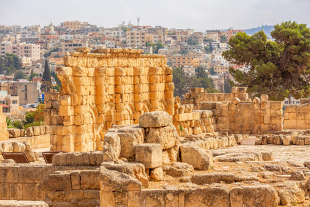 Jerash Gerasa, Jordan, ancient roman columns and ruins high angle viewの写真素材