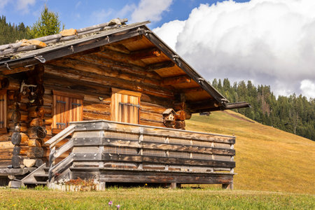 Dolomites Alpe di Siusi, Italy wooden houseの写真素材
