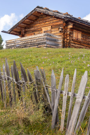 Dolomites Alpe di Siusi, Italy wooden houseの写真素材