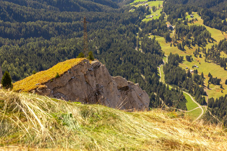 Ortisei, Italy Seceda high angle view autumn valley landscape with houses and mountains, Dolomites, Val Gardenaの写真素材