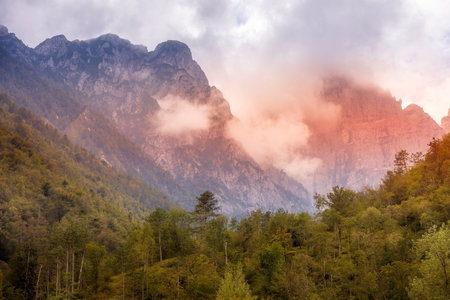 Italian Dolomite Alps, Dolomites mountains in Italy, high peaks sunset panorama in autumnの写真素材