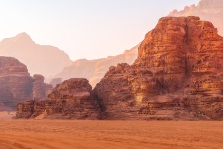 Jordan, Wadi Rum red dune sand and beautiful rocks landscapeの写真素材