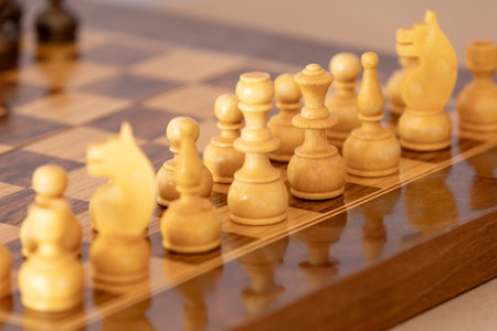 Wooden chess pieces on the chessboard. Intellectual game. White figures focusの写真素材