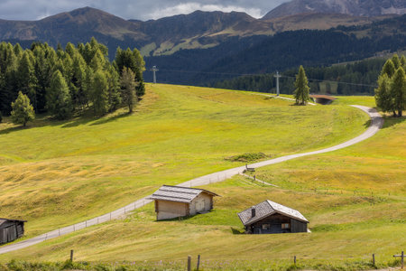 Scenic panorama of Dolomites mountain scenery with traditional wooden mountain huts at Alpe di Siusi, South Tyrol, Italyの写真素材