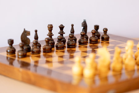 Wooden black chess pieces on the chessboardの写真素材