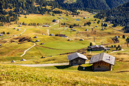 Seceda autumn valley landscape, Val Gardena, Italyの写真素材