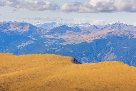 Ortisei, Italy Seceda high angle view autumn valley landscape and high mountains, Dolomites, Val Gardenaの写真素材