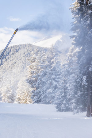 Bansko, Bulgaria winter ski resort panorama with forest pine trees, ski road and snow cannonの写真素材