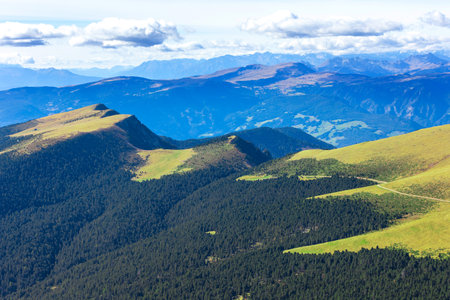 Ortisei, Italy Seceda high angle view autumn valley landscape and high mountains, Dolomites, Val Gardenaの写真素材