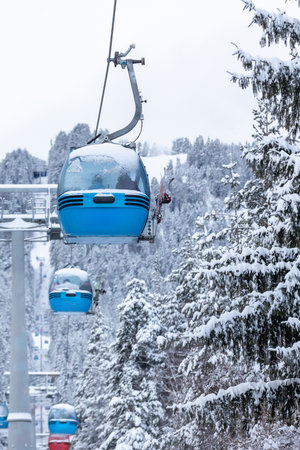 Bansko, Bulgaria winter ski resort panorama with blue gondola lift cabins, snow forest pine trees, mountain peaks viewの写真素材