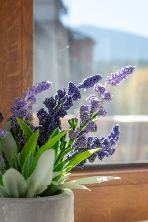 Artificial plant purple flower in flowerpot on window sill indoors, interior designの写真素材