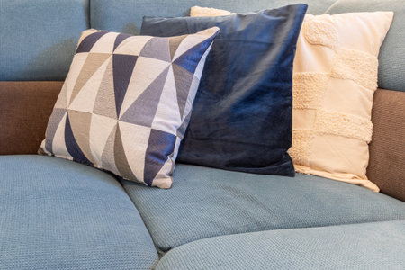 sofa pillows, luxury living room template with modern interior design, blue and beige cushion