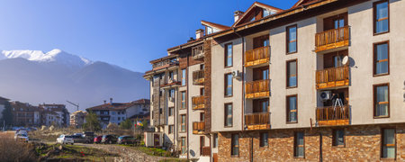 Bansko, Bulgaria houses and mountains bannerのeditorial素材