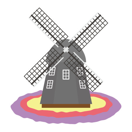 Illustration of a windmill and flower garden