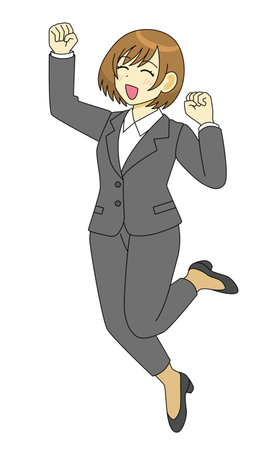 Illustration of a woman in a pantsuit jumping and rejoicingのイラスト素材