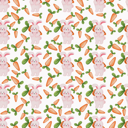 Watercolor bunny with carrot seamless pattern.Watercolor cute bunny and carrot illustration isolated on white background.Easter day,greeting,invitation,wallpaper,scrapbook,etc.の写真素材