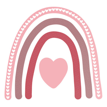 Cute boho rainbow illustration.Pink boho rainbow with heart isolated on white background. Valentineâs Day,birthday,invitation,greeting,etc.の写真素材