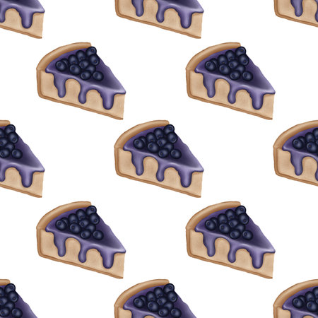 Blueberry cheesecake illustration seamless pattern isolated on white background. Hand drawn watercolor illustration.の写真素材