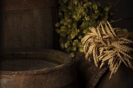 Beer barrel with fresh hops on wooden table still-lifeの写真素材