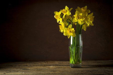 Still life with a bouquet of yellow narcissusの写真素材