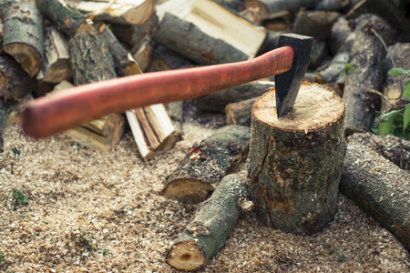 Axe stuck in a stump on a background of chopped firewood.の写真素材
