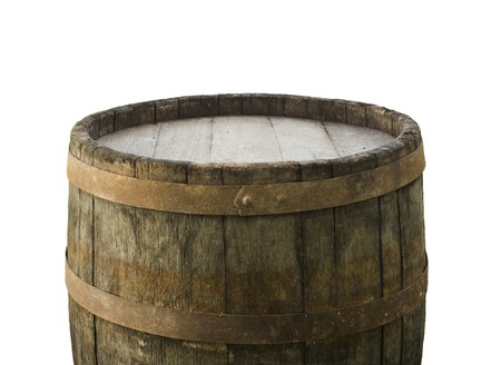 Beer barrel with beer glasses on table on wooden backgroundの写真素材