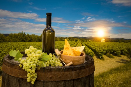 Red wine with barrel on vineyard in green Tuscany, Italy,の写真素材
